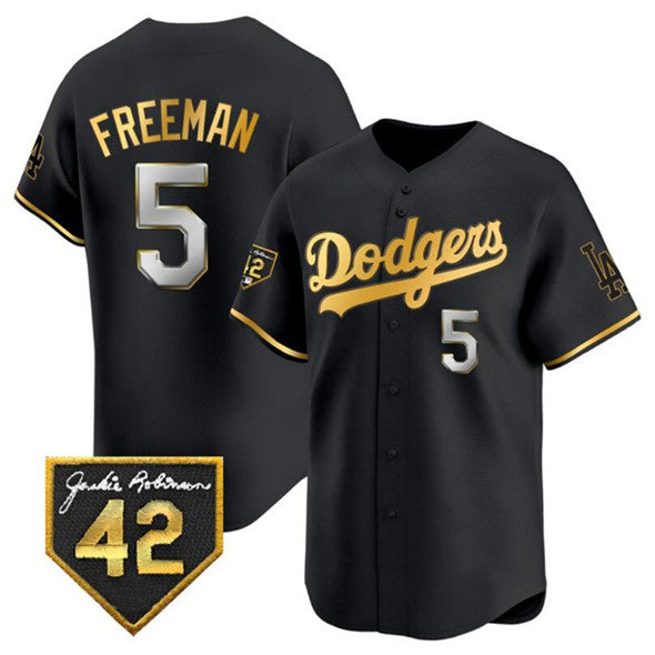 Los Angeles Dodgers #5 Freddie Freeman Black Gold CONTON With Jackie Robinson Patch Limited Stitched Jersey