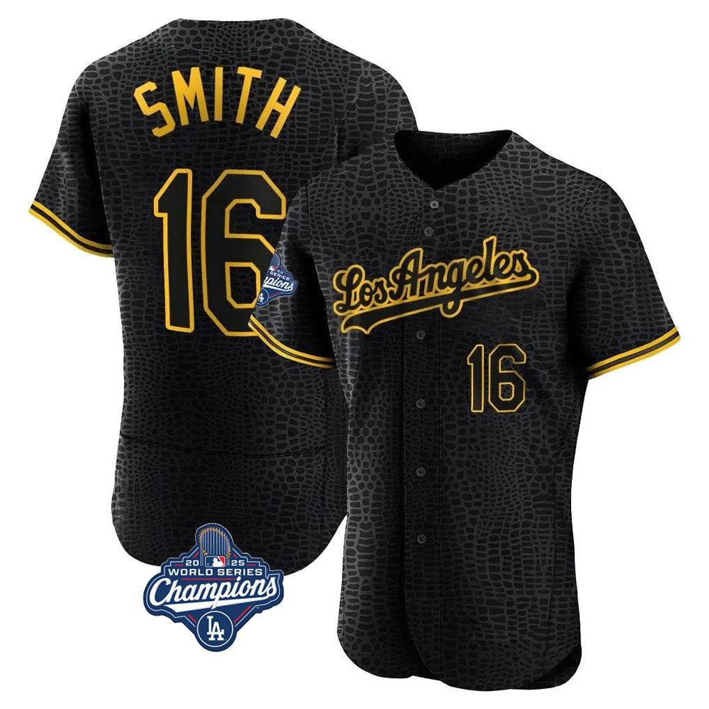 Los Angeles Dodgers #16 Will Smith Player Black CONTON World Series Meet Snake Skin City Limited Elite Home Stitched Jerseys