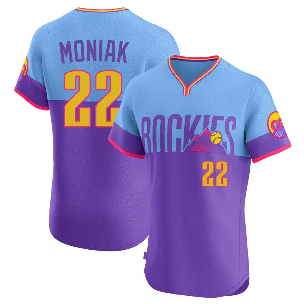 Colorado Rockies #22 Mickey Moniak Player Purple-Light Blue CONTON City Connect Limited Elite Home T-shirt Stitched Jerseys