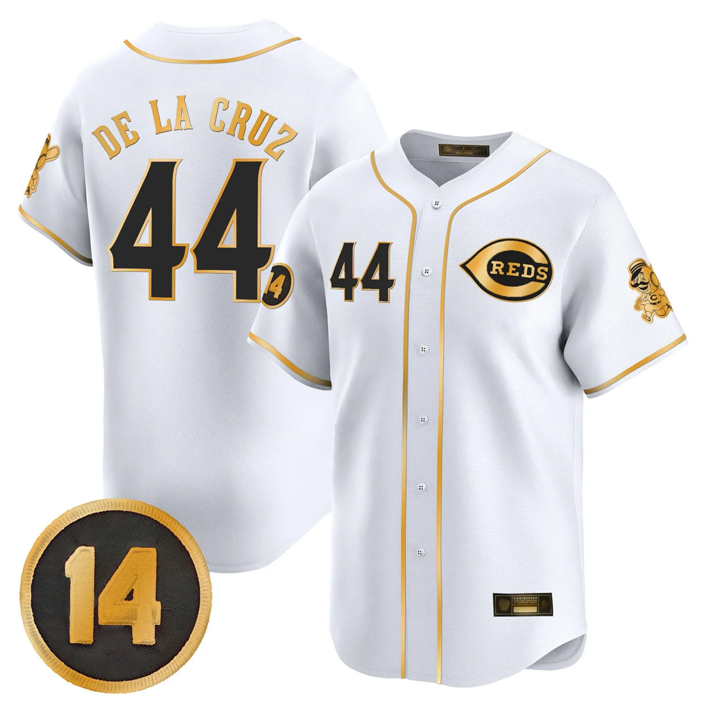 Cincinnati Reds #44 Elly De La Cruz Player White-Gold CONTON Vapor Premier Limited Home Stitched Jerseys
