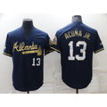 Atlanta Braves #13 Ronald Acuna Jr Navy Blue CONTON 2021 World Series Champions Golden Edition Stitched Cool Base Jersey