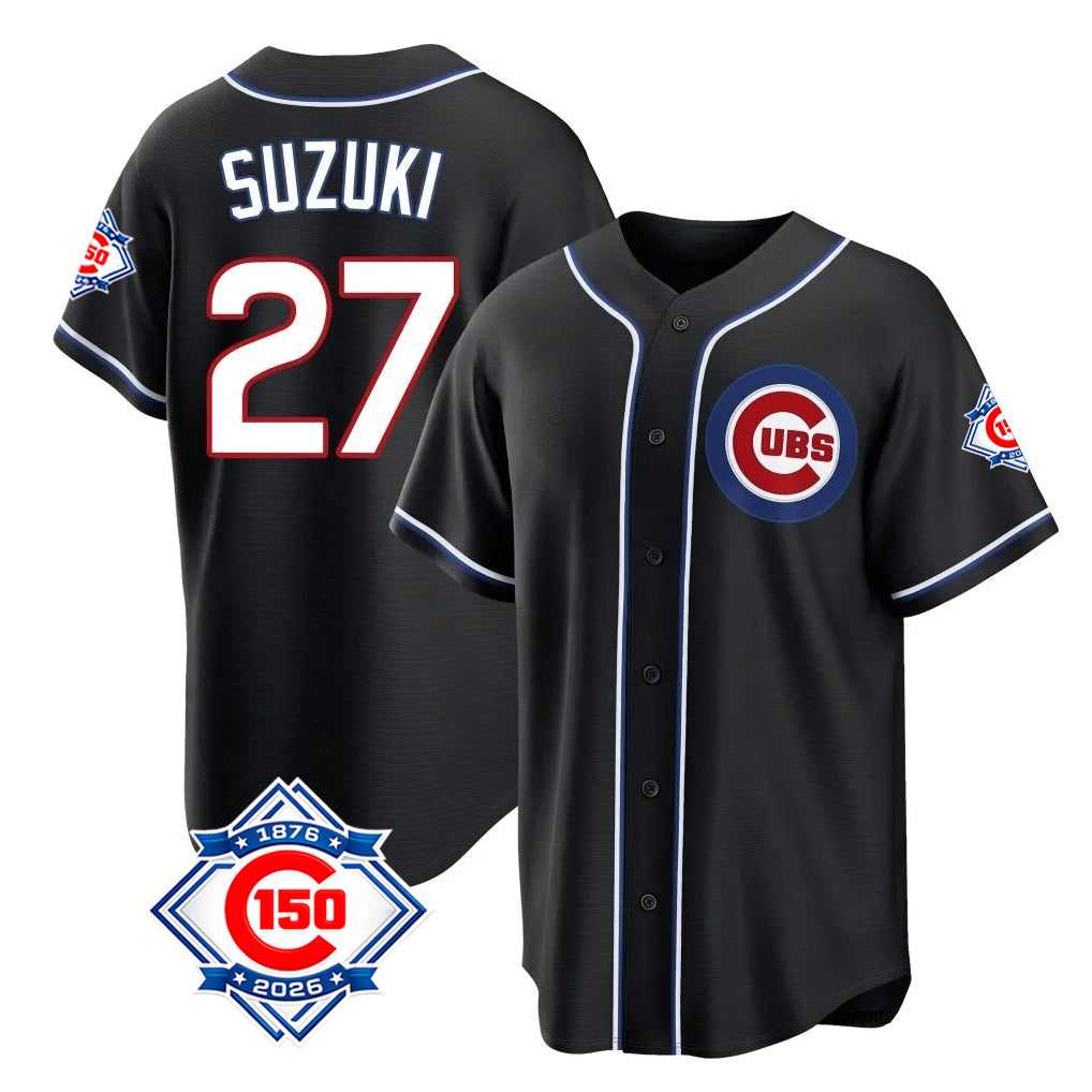 Chicago Cubs #27 Seiya Suzuki Player Black CONTON Fashion Out 150th Anniversary Game Stitched Jerseys