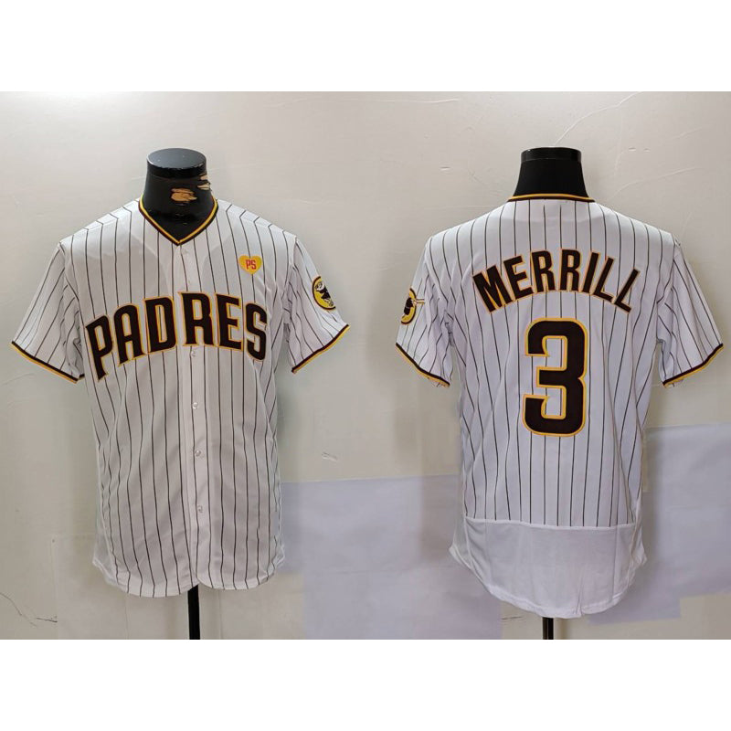 San Diego Padres #3 Jackson Merrill White CONTON With PS Patch Stitched Flex Base Jersey 2