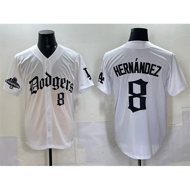 Los Angeles Dodgers #8 Enrique Hernandez White CONTON 2025 LA Gothic Style With 2024 World Series Champions Patch Vapor Premier Limited Stitched Jersey