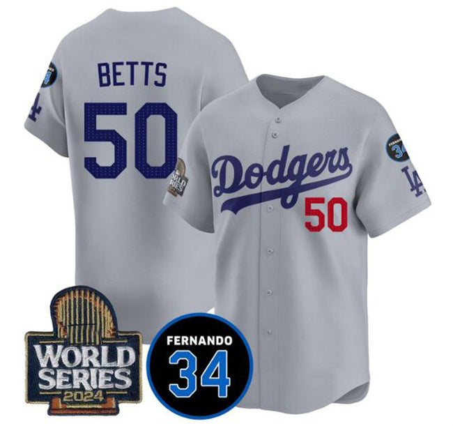 Los Angeles Dodgers #50 Mookie Betts Grey CONTON 2024 World Series With Fernando Memorial Patch Limited Stitched Jersey