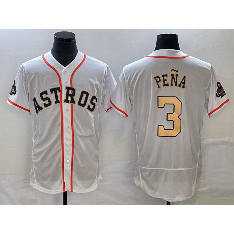 Houston Astros #3 Jeremy Pena 2023 White Gold CONTON World Serise Champions Patch Flex Base Stitched Jersey