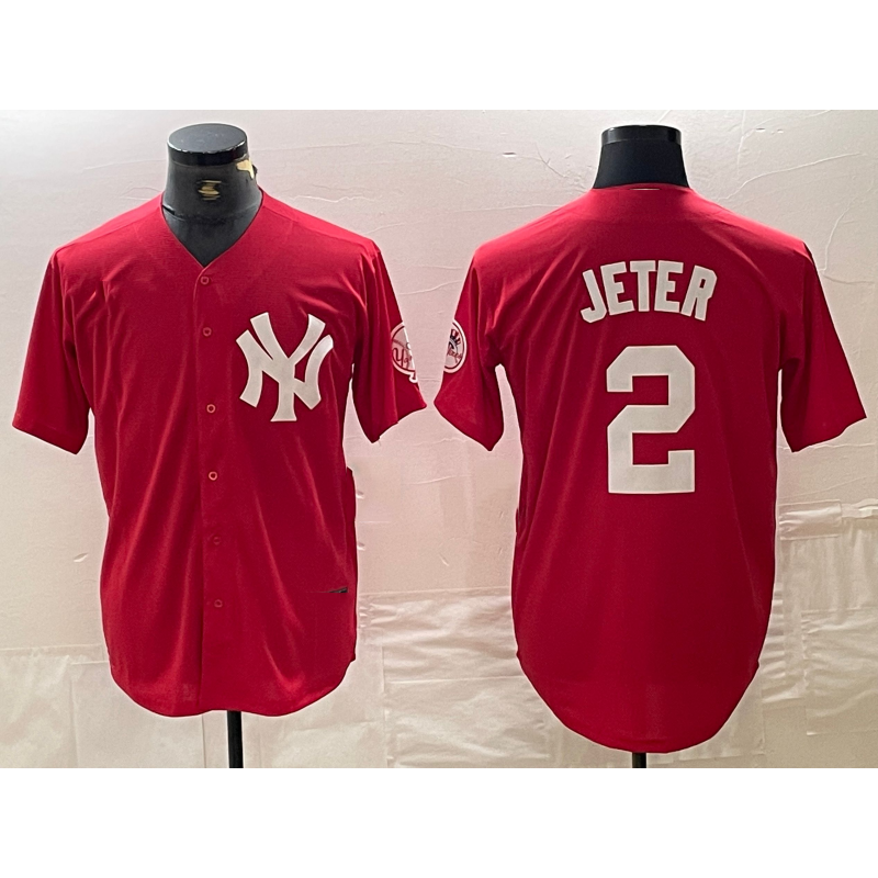 New York Yankees #2 Derek Jeter Red CONTON Fashion Cool Base Jersey
