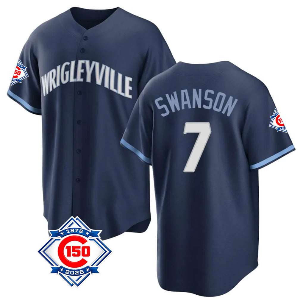 Chicago Cubs #7 Dansby Swanson Player Navy CONTON 150th Anniversary City Connect Home Game Stitched Jerseys