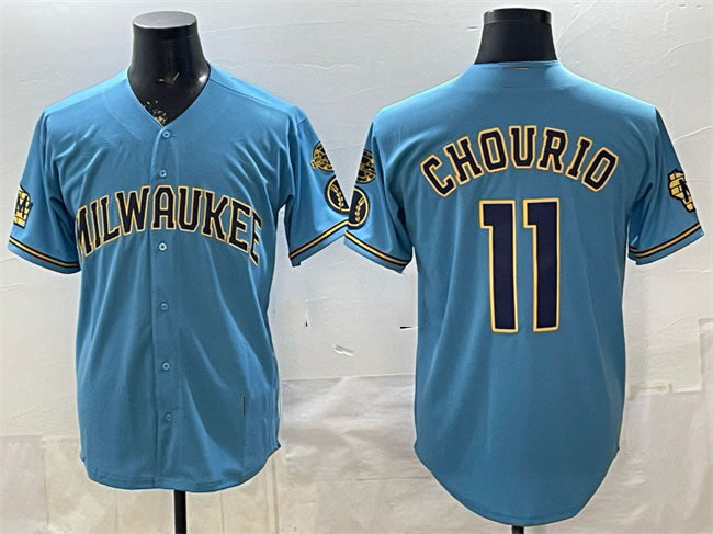 Milwaukee Brewers #11 Jackson Chourio Blue CONTON With Home & Bob Uecker Patch Stitched Jersey