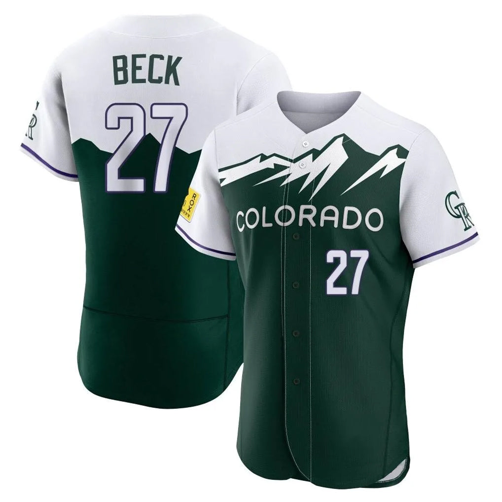 Colorado Rockies #27 Jordan Beck Player Green CONTON City Connect Limited Elite Home Stitched Jerseys