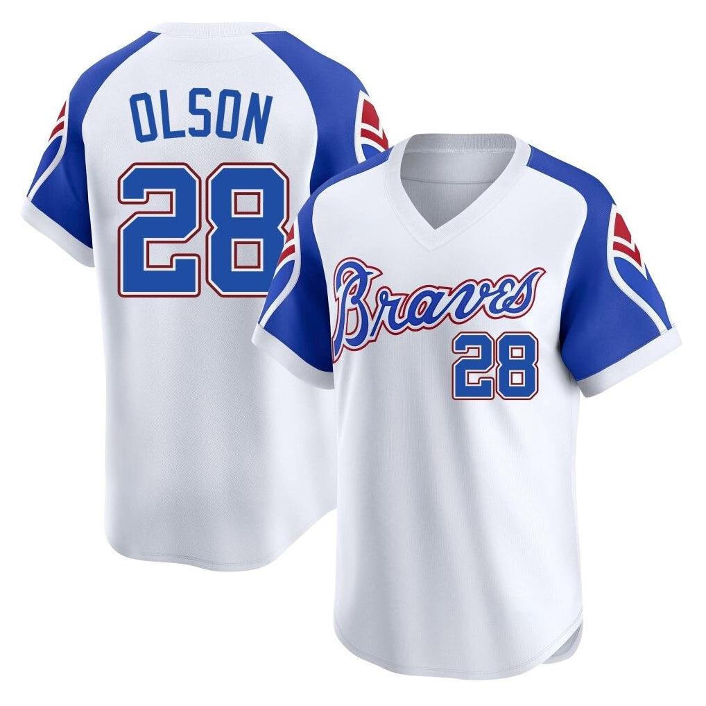 Atlanta Braves #28 Matt Olson Player White CONTON Throwback Cooperstown Collection T-shirt Game Stitched Jerseys