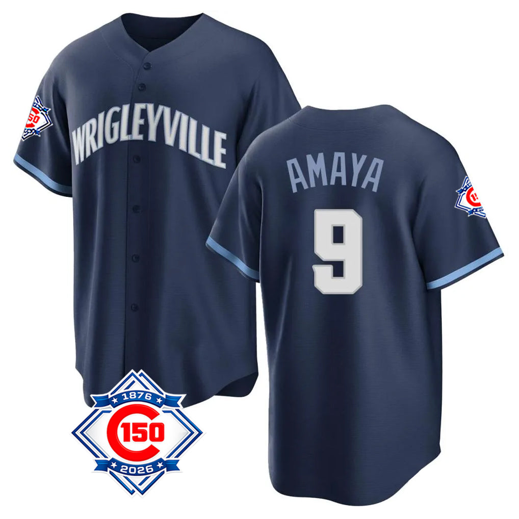 Chicago Cubs #9 Miguel Amaya Player Navy CONTON 150th Anniversary City Connect Home Game Stitched Jerseys
