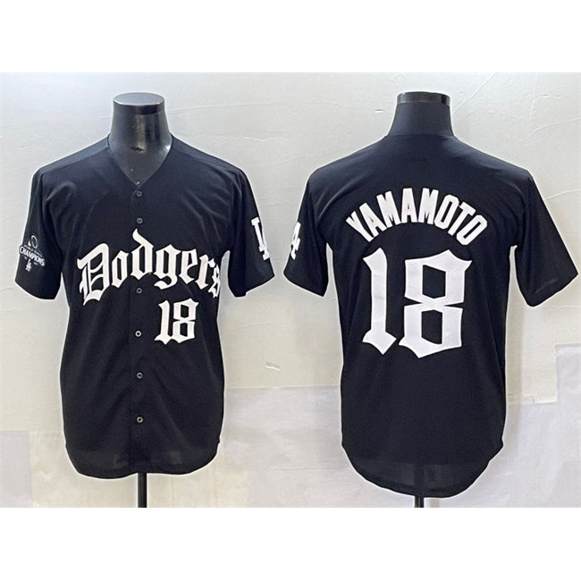 Los Angeles Dodgers #18 Yoshinobu Yamamoto Black CONTON 2025 LA Gothic Style With 2024 World Series Champions Patch Vapor Premier Limited Stitched Jersey