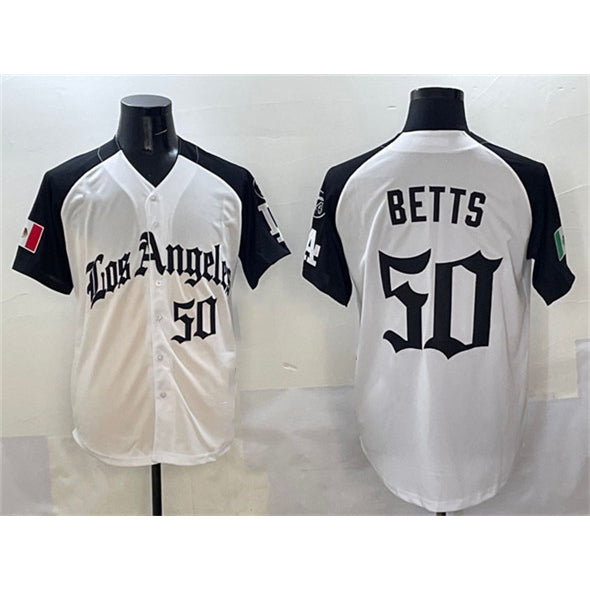 Los Angeles Dodgers #50 Mookie Betts White Black CONTON Mexico 2025 LA Gothic Style With Fernando Patch Vapor Premier Limited Stitched Jersey