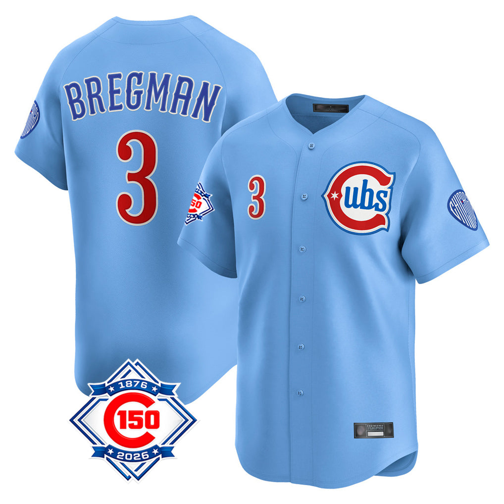Chicago Cubs #3 Alex Bregman Player Light Blue CONTON 150th Anniversary Limited Home Stitched Jerseys