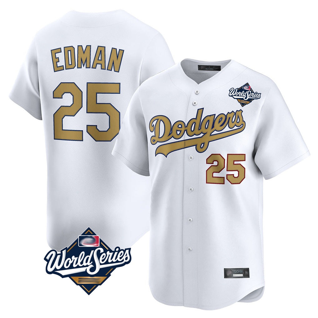 Los Angeles Dodgers #25 Tommy Edman Player White Gold CONTON World Series Collection Limited Home Stitched Jerseys