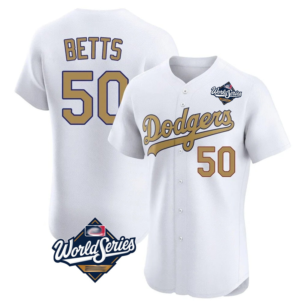 Los Angeles Dodgers #50 Mookie Betts Player White Gold CONTON World Series Limited Elite Home Stitched Jerseys