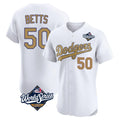Los Angeles Dodgers #50 Mookie Betts Player White Gold CONTON World Series Limited Elite Home Stitched Jerseys