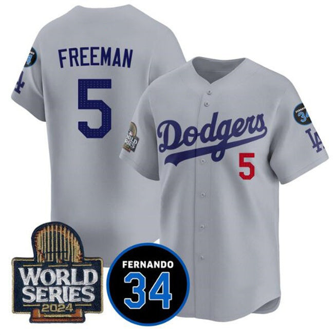 Los Angeles Dodgers #5 Freddie Freeman Grey CONTON 2024 World Series With Fernando Memorial Patch Limited Stitched Jersey