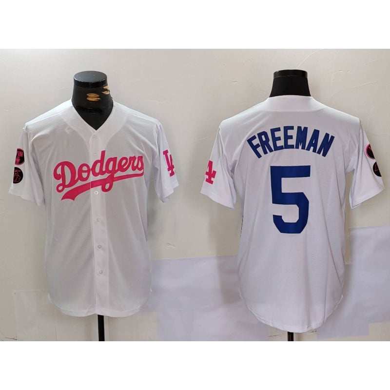 Los Angeles Dodgers #5 Freddie Freeman White Pink CONTON Vin & Kobe Patch Stitched Jersey 2