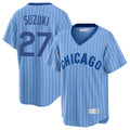Chicago Cubs #27 Seiya Suzuki Player Blue CONTON T-shirt Cooperstown Collection Limited Stitched Jerseys
