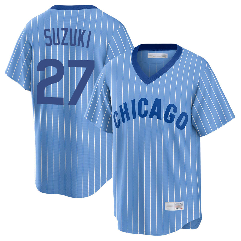 Chicago Cubs #27 Seiya Suzuki Player Blue CONTON T-shirt Cooperstown Collection Limited Stitched Jerseys