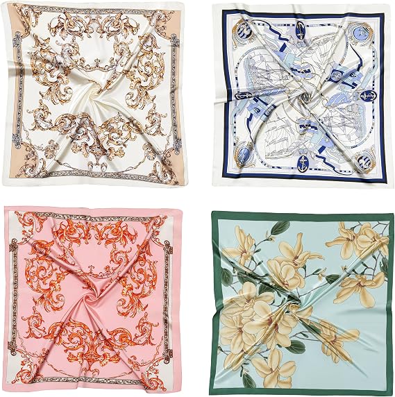 4PCS Head Scarf for Women 35” Silk Feel Hair Scarf | Satin Neck Scarfs, Square Bandana Hair Wraps, Head Scarves for Sleeping, Travel, Hair Protection, Daily Wear