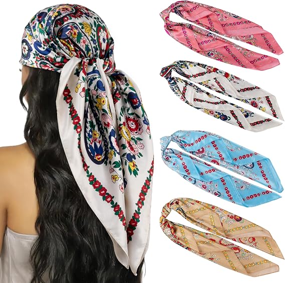 4PCS Head Scarf for Women 35” Silk Feel Hair Scarf | Satin Neck Scarfs, Square Bandana Hair Wraps, Head Scarves for Sleeping, Travel, Hair Protection, Daily Wear