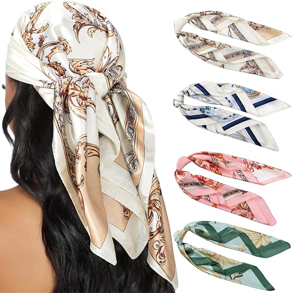 4PCS Head Scarf for Women 35” Silk Feel Hair Scarf | Satin Neck Scarfs, Square Bandana Hair Wraps, Head Scarves for Sleeping, Travel, Hair Protection, Daily Wear