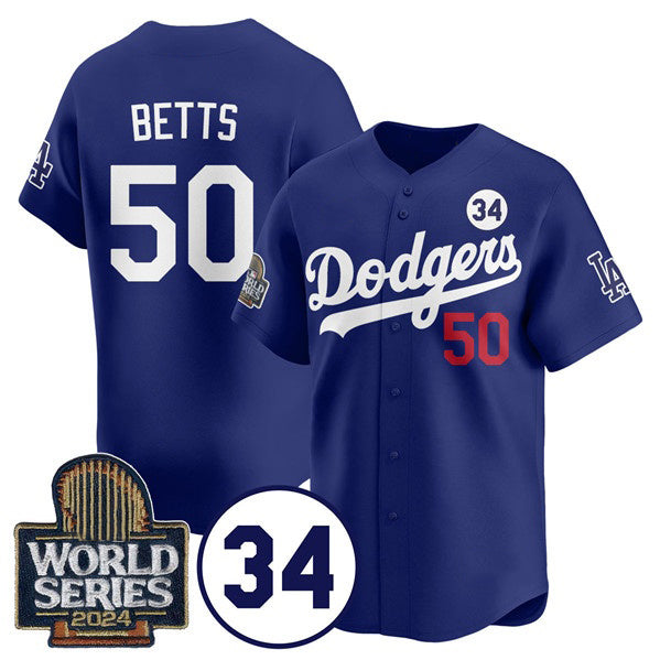 Los Angeles Dodgers #50 Mookie Betts Royal CONTON 2024 World Series With No. 34 Patch Cool Base Stitched Jersey