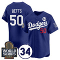 Los Angeles Dodgers #50 Mookie Betts Royal CONTON 2024 World Series With No. 34 Patch Cool Base Stitched Jersey