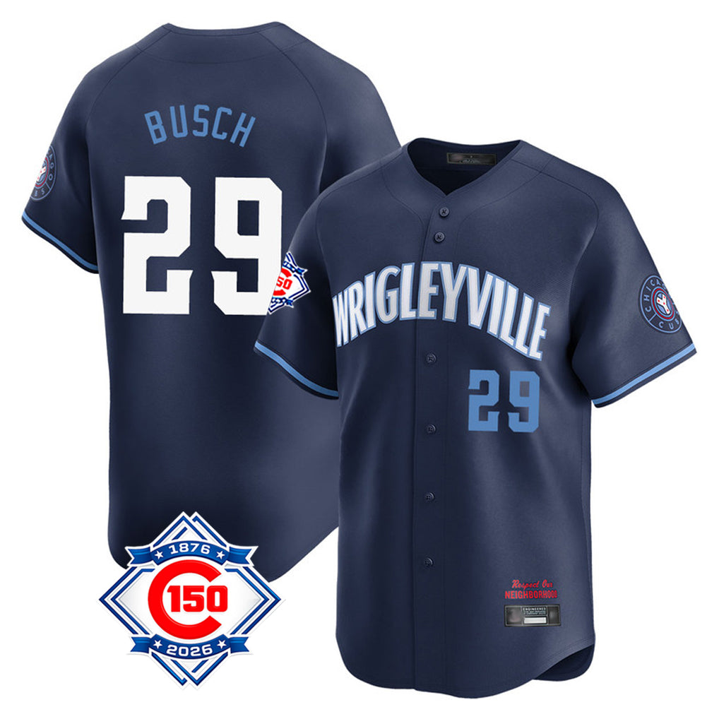Chicago Cubs #29 Michael Busch Player Navy CONTON City Connect 150th Anniversary Limited Home Stitched Jerseys