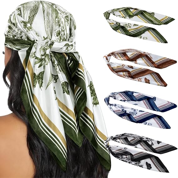 4PCS Head Scarf for Women 35” Silk Feel Hair Scarf | Satin Neck Scarfs, Square Bandana Hair Wraps, Head Scarves for Sleeping, Travel, Hair Protection, Daily Wear