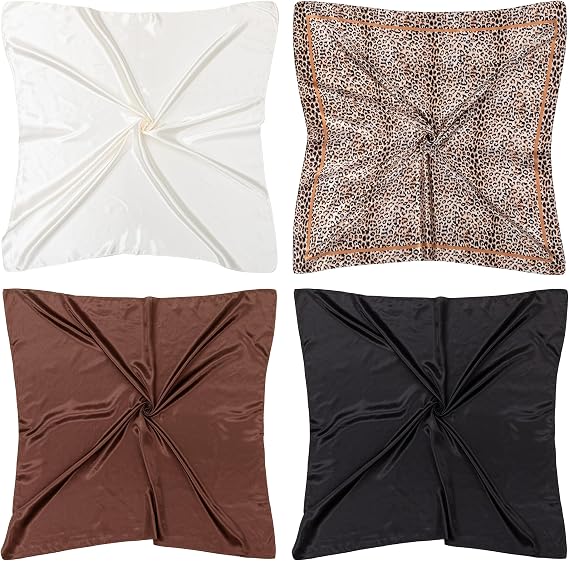 4PCS Head Scarf for Women 35” Silk Feel Hair Scarf | Satin Neck Scarfs, Square Bandana Hair Wraps, Head Scarves for Sleeping, Travel, Hair Protection, Daily Wear