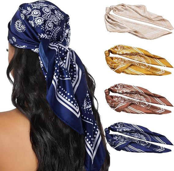 4PCS Head Scarf for Women 35” Silk Feel Hair Scarf | Satin Neck Scarfs, Square Bandana Hair Wraps, Head Scarves for Sleeping, Travel, Hair Protection, Daily Wear