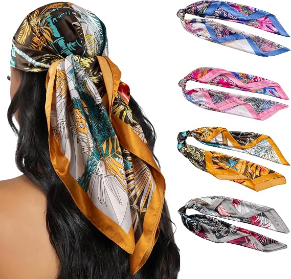 4PCS Head Scarf for Women 35” Silk Feel Hair Scarf | Satin Neck Scarfs, Square Bandana Hair Wraps, Head Scarves for Sleeping, Travel, Hair Protection, Daily Wear