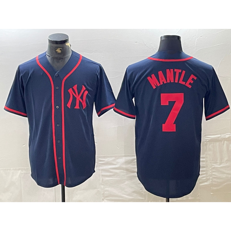 New York Yankees #7 Mickey Mantle Navy Red CONTON Fashion Cool Base Jersey