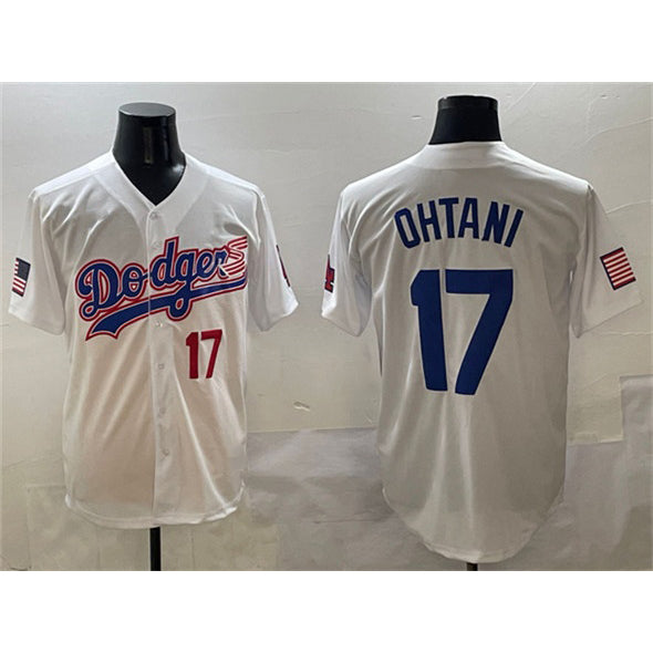 Los Angeles Dodgers #17 Shohei Ohtani White CONTON With American Flag Patch Limited Stitched Jersey