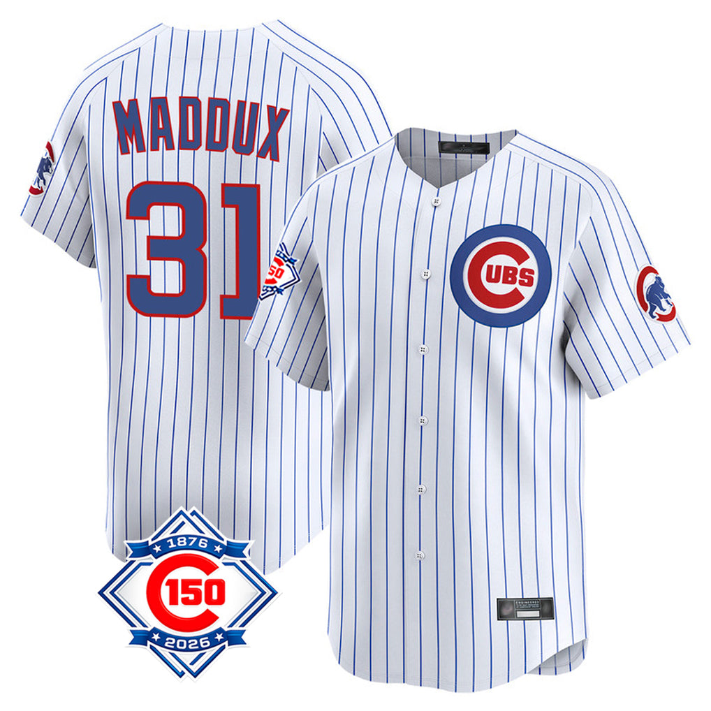 Chicago Cubs #31 Greg Maddux Player White CONTON 150th Anniversary Limited Home Game Stitched Jerseys