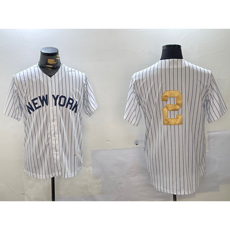 New York Yankees #2 Derek Jeter White CONTON Pinstripe Without Name Fashion Cool Base Jersey 2