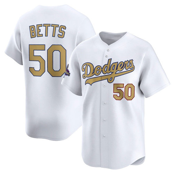 Los Angeles Dodgers #50 Mookie Betts White CONTON 2025 Gold Collection Limited Stitched Jersey