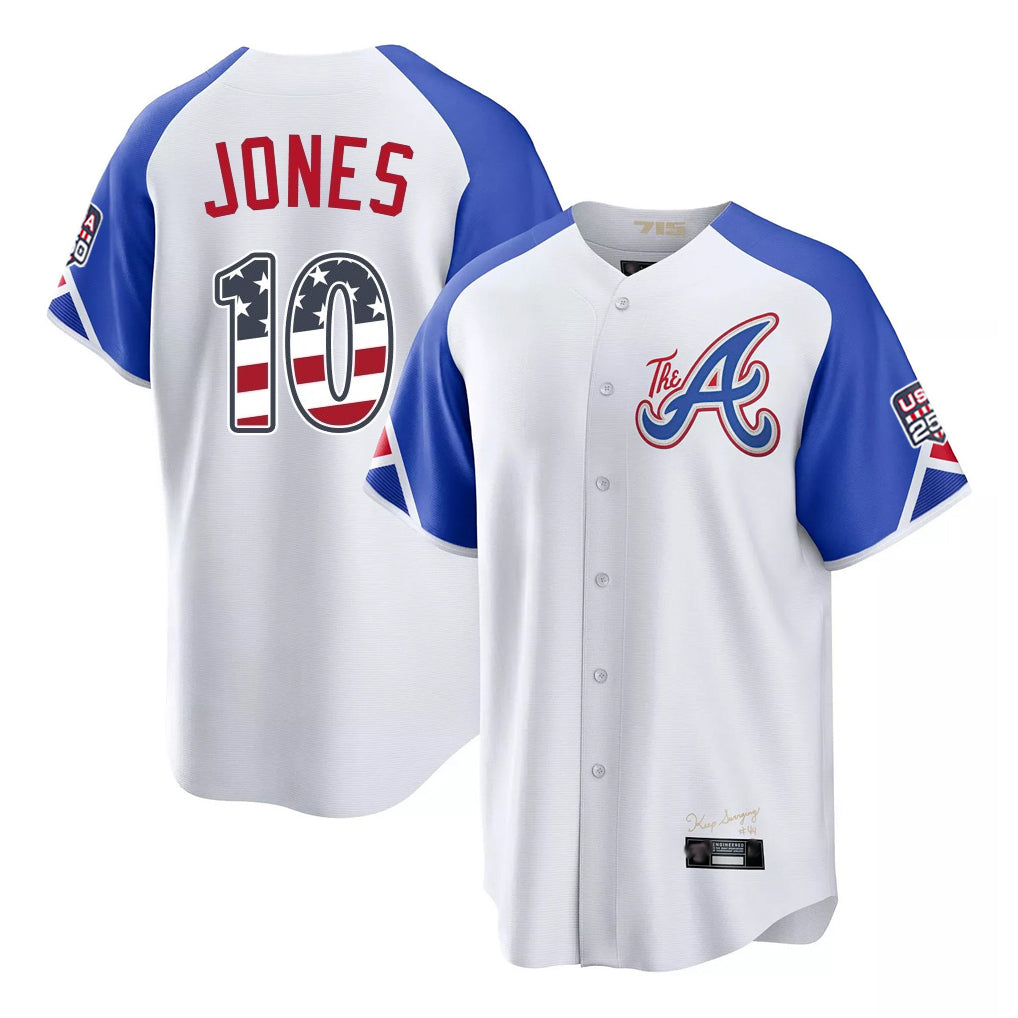 Atlanta Braves #10 Chipper Jones Player White CONTON USA 250 Fourth Of July City Connect Home Game Stitched Jerseys