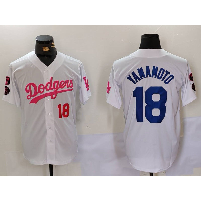 Los Angeles Dodgers #18 Yoshinobu Yamamoto White Pink CONTON Vin & Kobe Patch Stitched Jerseys