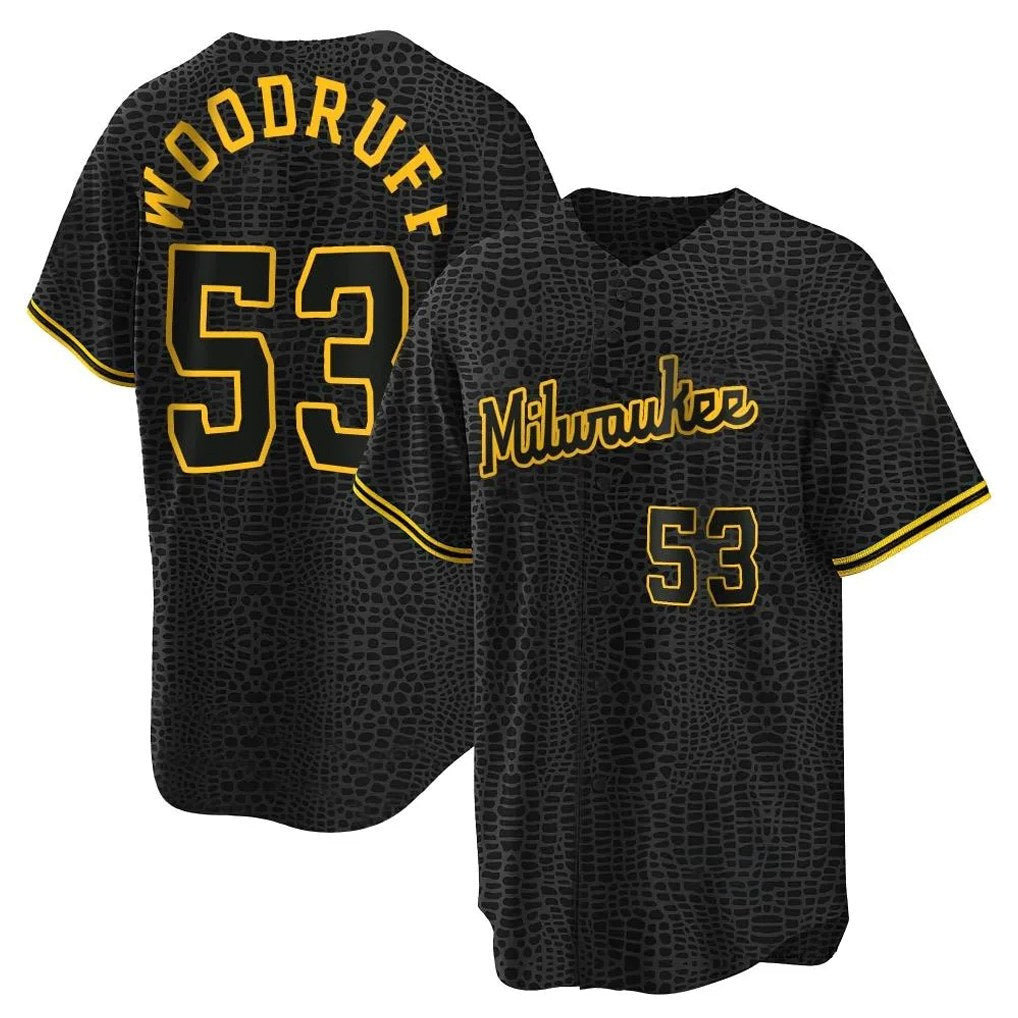 Milwaukee Brewers #53 Brandon Woodruff Player Black CONTON Snake Skin City Home Game Stitched Jerseys