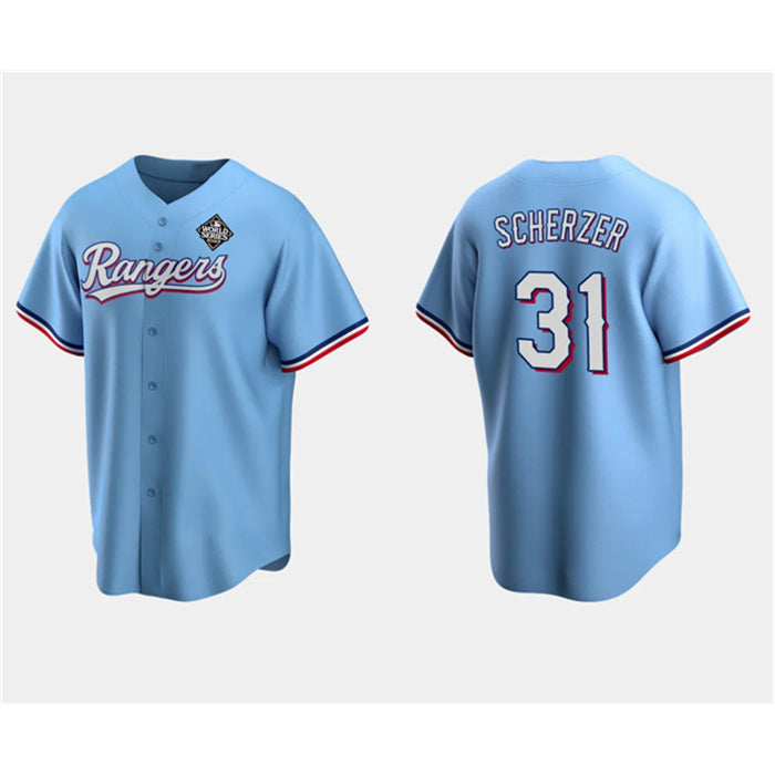 Texas Rangers #31 Max Scherzer Blue CONTON 2023 World Series Stitched Jersey