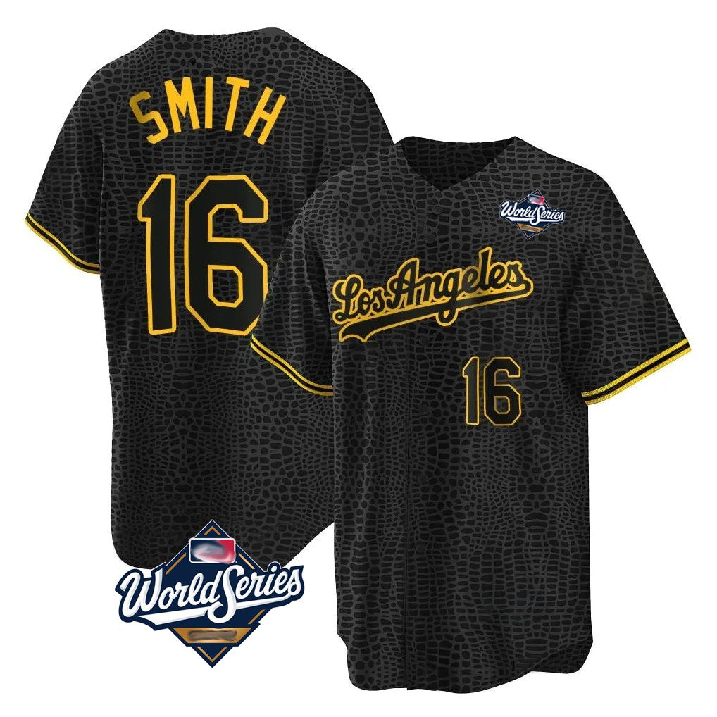 Los Angeles Dodgers #16 Will Smith Player Black CONTON World Series Snake Skin City Game Home Stitched Jerseys