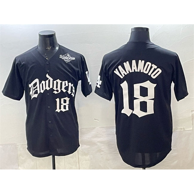 Los Angeles Dodgers #18 Yoshinobu Yamamoto Black CONTON 2025 LA Gothic Style With 2025 World Series Patch Vapor Premier Limited Stitched Jersey