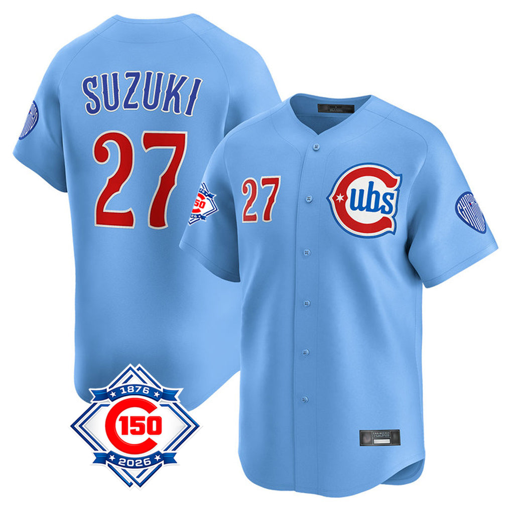 Chicago Cubs #27 Seiya Suzuki Player Light Blue CONTON 150th Anniversary Limited Home Stitched Jerseys