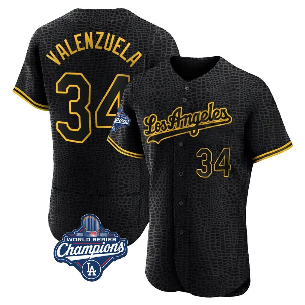 Los Angeles Dodgers #34 Fernando Valenzuela Player Black CONTON World Series Meet Snake Skin City Limited Elite Home Stitched Jerseys