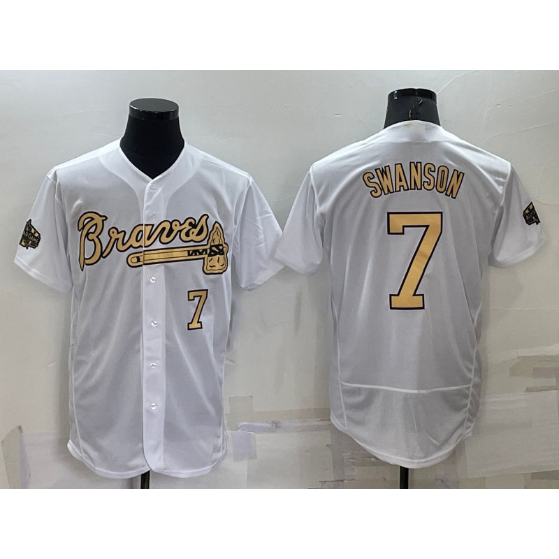 Atlanta Braves #7 Dansby Swanson White CONTON Number 2022 All Star Stitched Flex Base Jersey